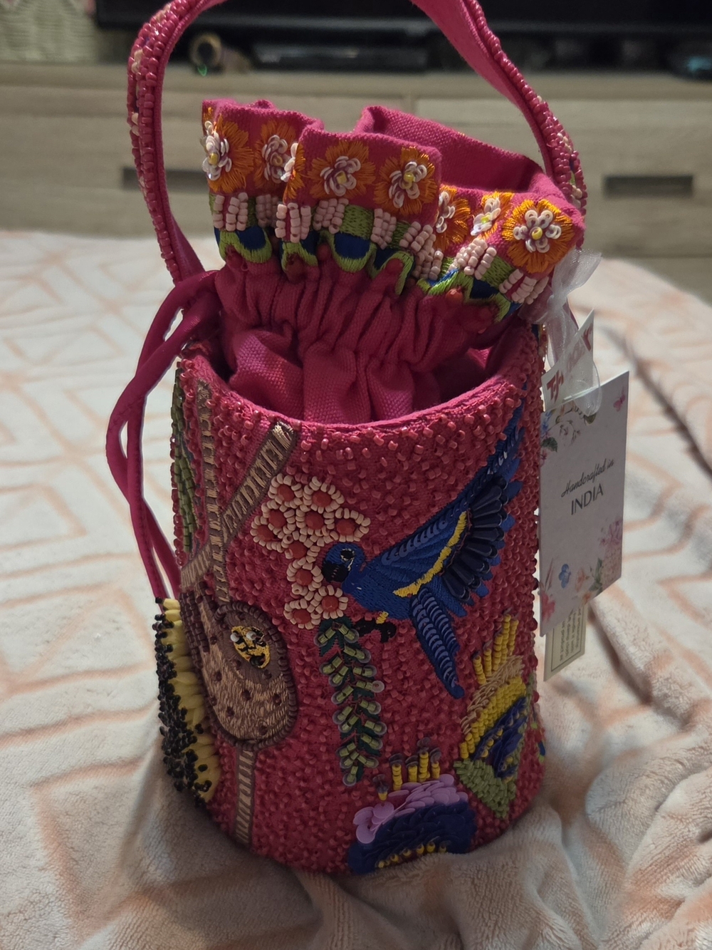 Hot Pink Bucket Bag with Colorful Bird Motif
